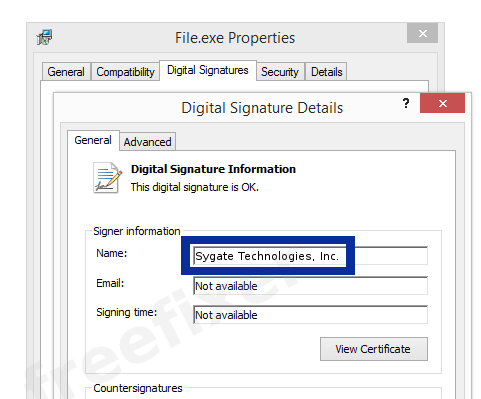 Screenshot of the Sygate Technologies, Inc. certificate